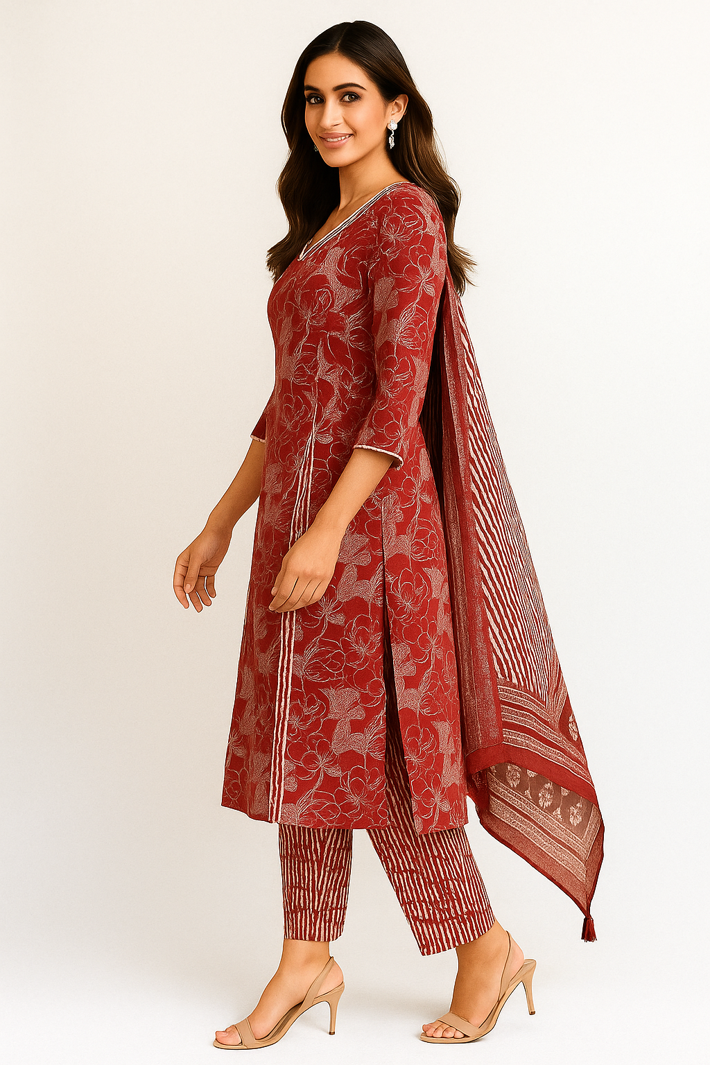 Red A-Line Salwar Suit Crafted in Pure Cotton with Floral Motifs