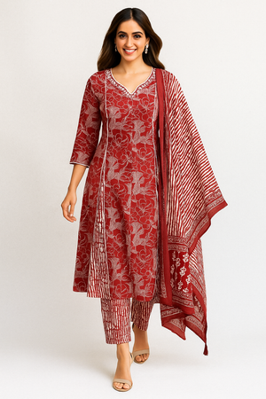 Red A-Line Salwar Suit Crafted in Pure Cotton with Floral Motifs