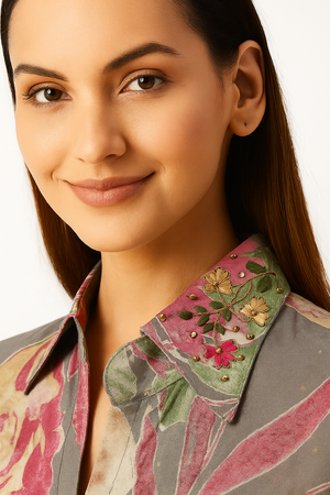 Multicolor Floral Printed Dress Kurti in Soft Muslin with Foil Finish Highlights