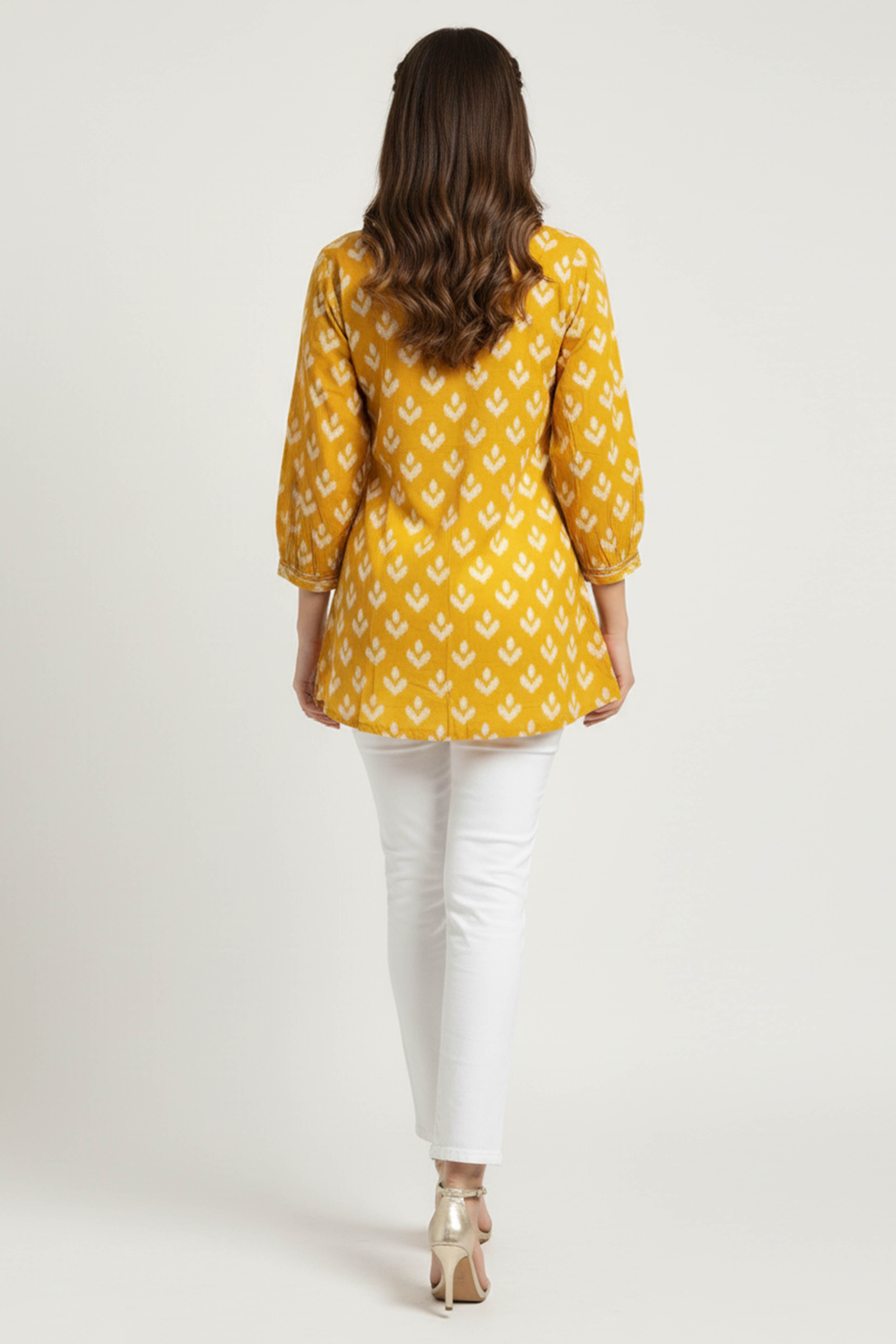 Mustard Timeless Ikkat Printed A-Line Top in Pure Cotton