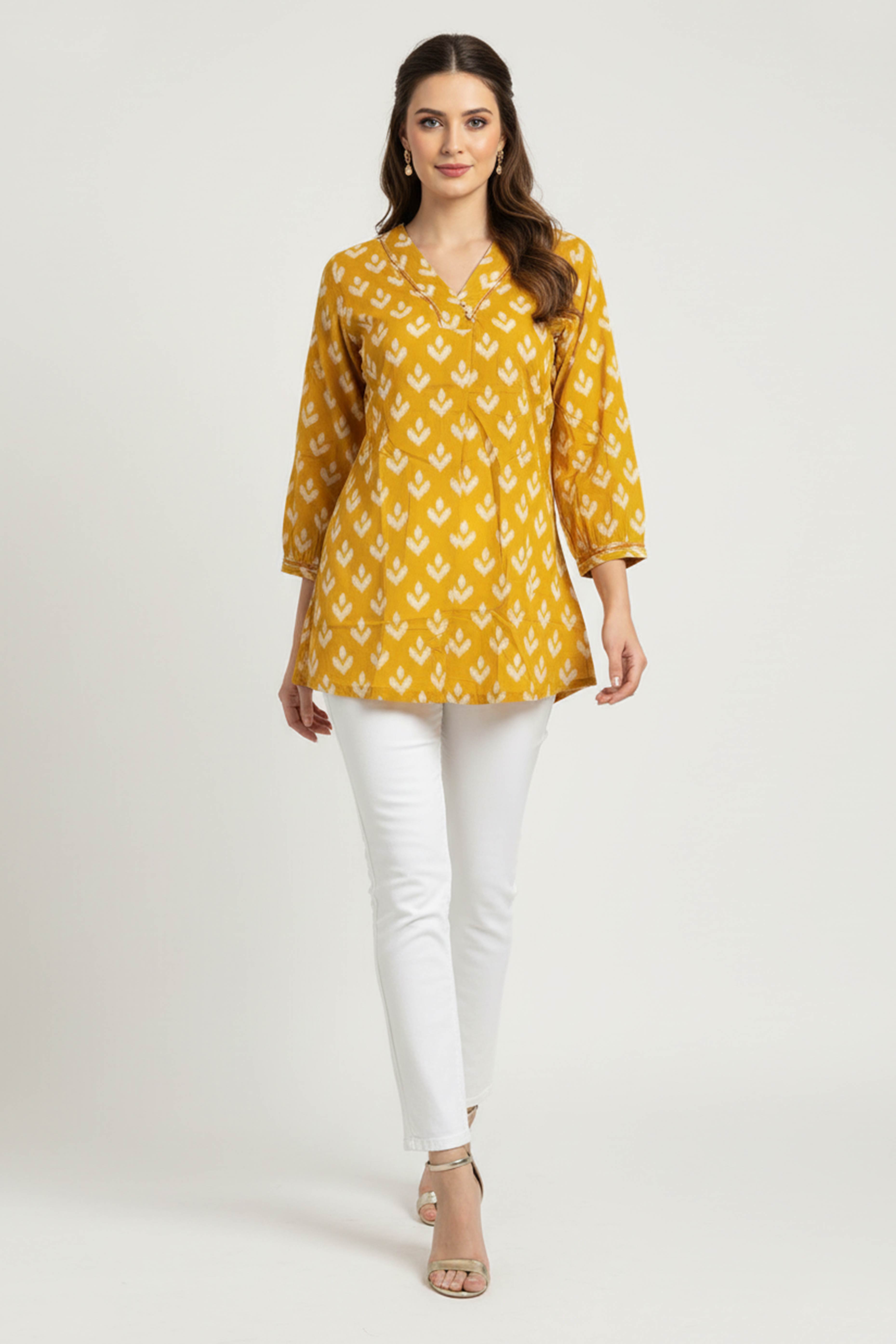 Mustard Timeless Ikkat Printed A-Line Top in Pure Cotton