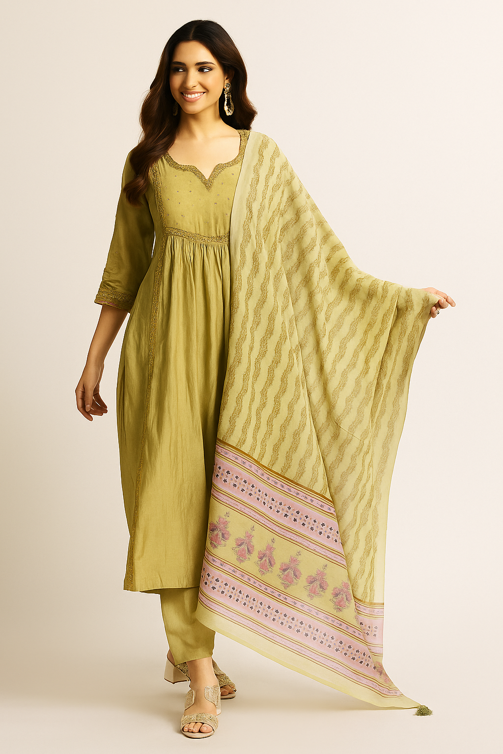 A-Line Salwar Suit in Pista Green Chanderi Silk with Sequins Work