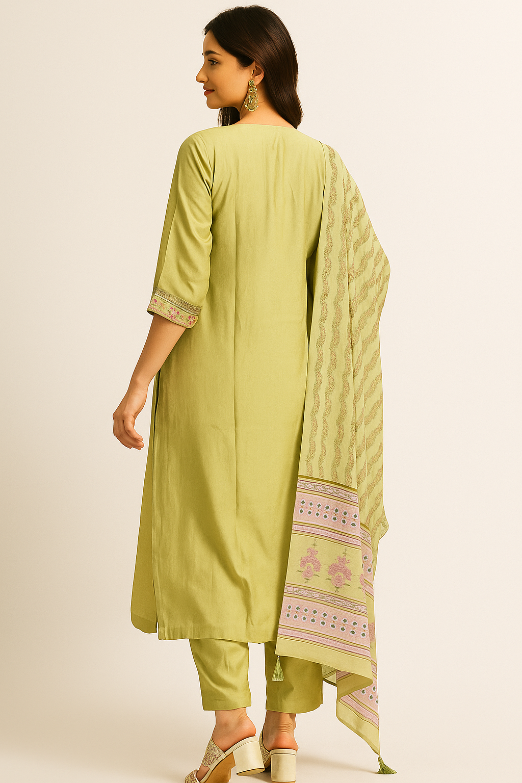 A-Line Salwar Suit in Pista Green Chanderi Silk with Sequins Work