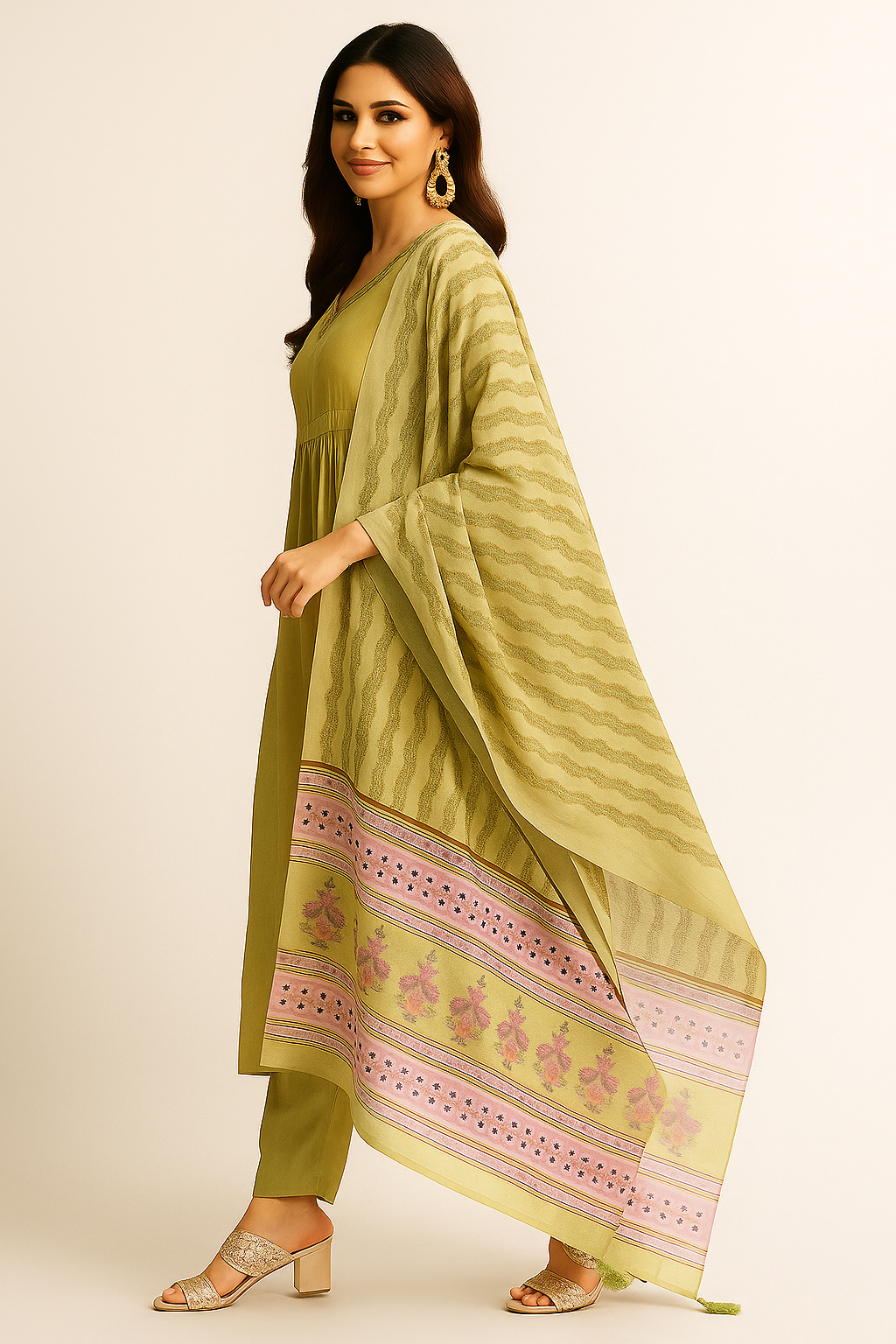 A-Line Salwar Suit in Pista Green Chanderi Silk with Sequins Work