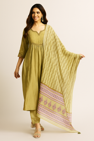 A-Line Salwar Suit in Pista Green Chanderi Silk with Sequins Work