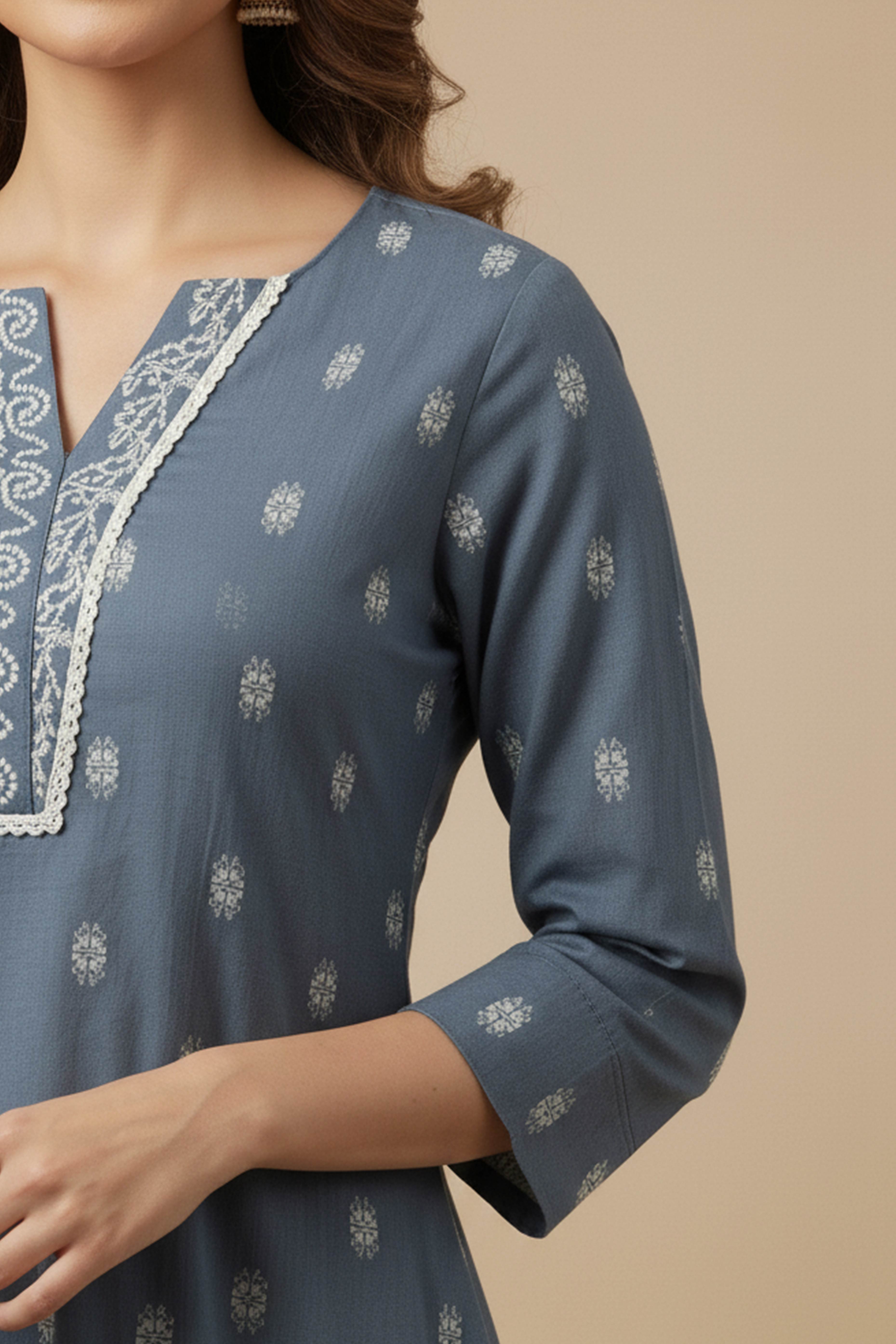 Pure Cotton Blue A-Line Top Bottom Set with Ethnic Weaves