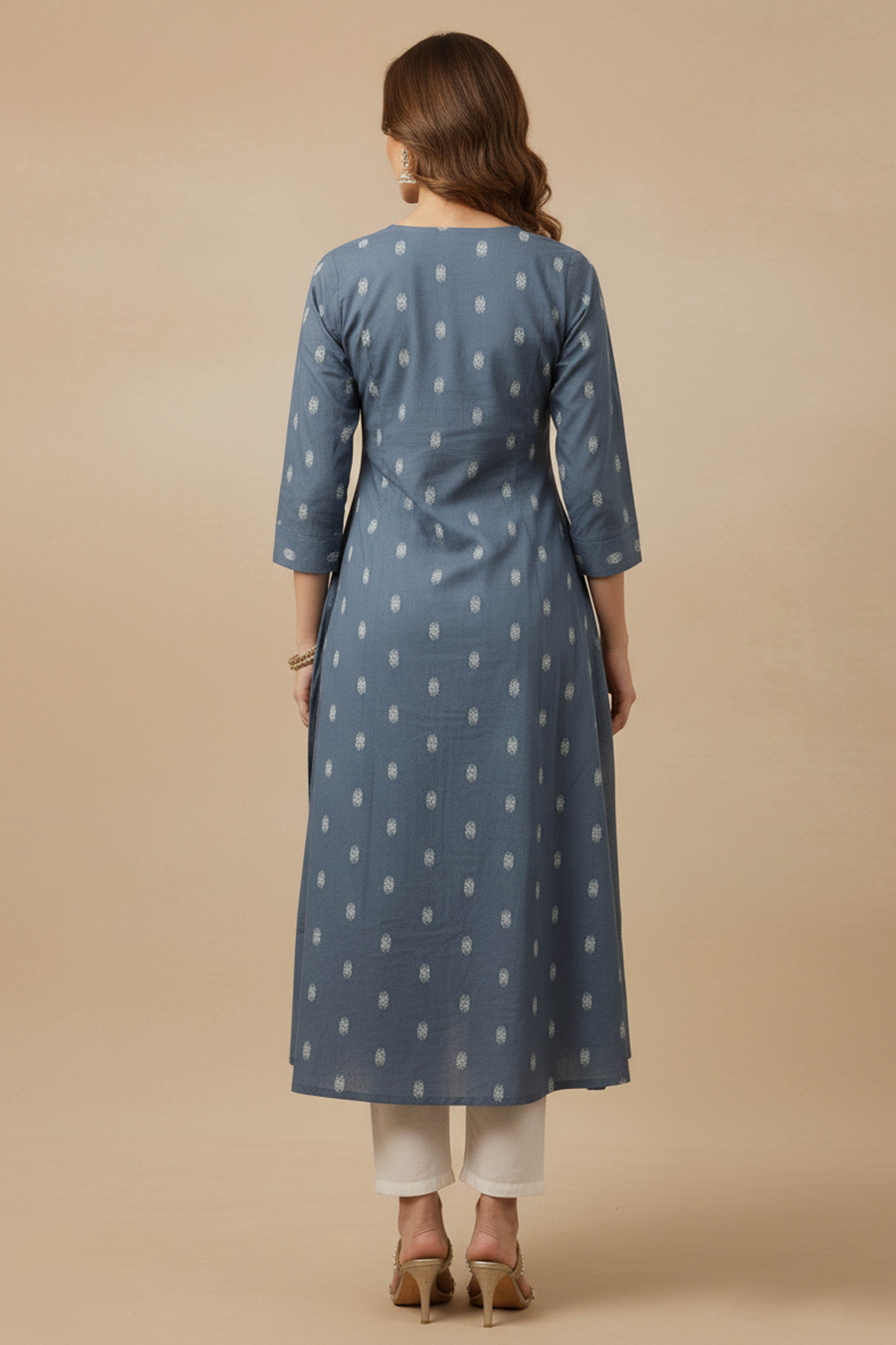 Pure Cotton Blue A-Line Top Bottom Set with Ethnic Weaves