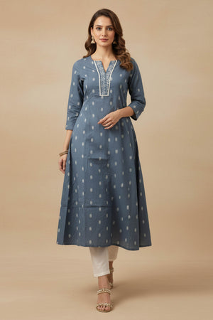 Pure Cotton Blue A-Line Top Bottom Set with Ethnic Weaves