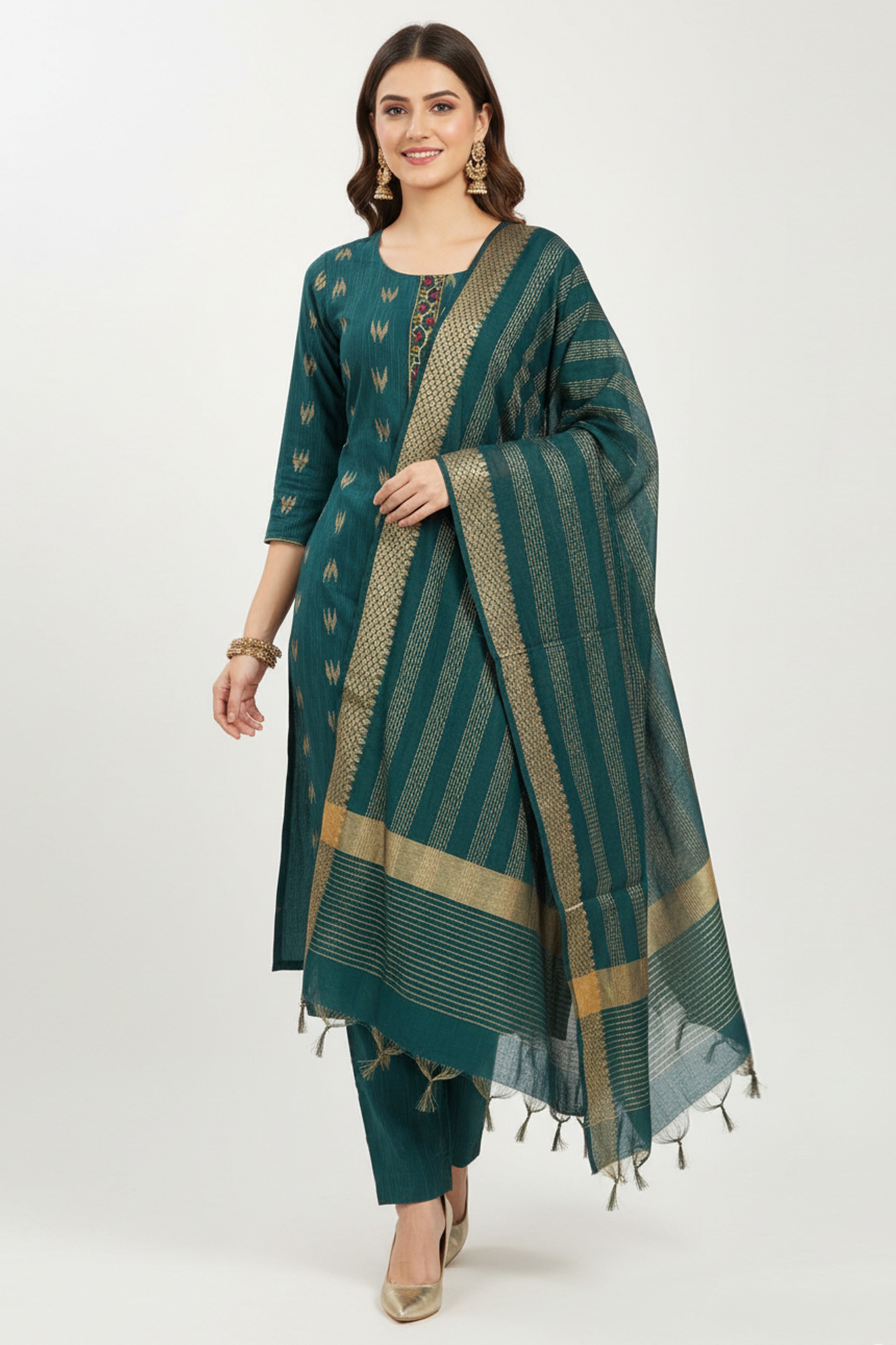 Morpich Blue Handwoven Cotton Straight Suit with Embroidery & Zari Work