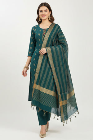 Morpich Blue Handwoven Cotton Straight Suit with Embroidery & Zari Work