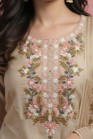 Chikoo Floral Printed Salwar Suit in Pure Cotton with Artisanal Embroidered Neck Detailing