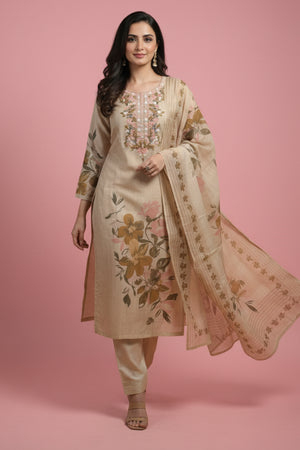 Chikoo Floral Printed Salwar Suit in Pure Cotton with Artisanal Embroidered Neck Detailing