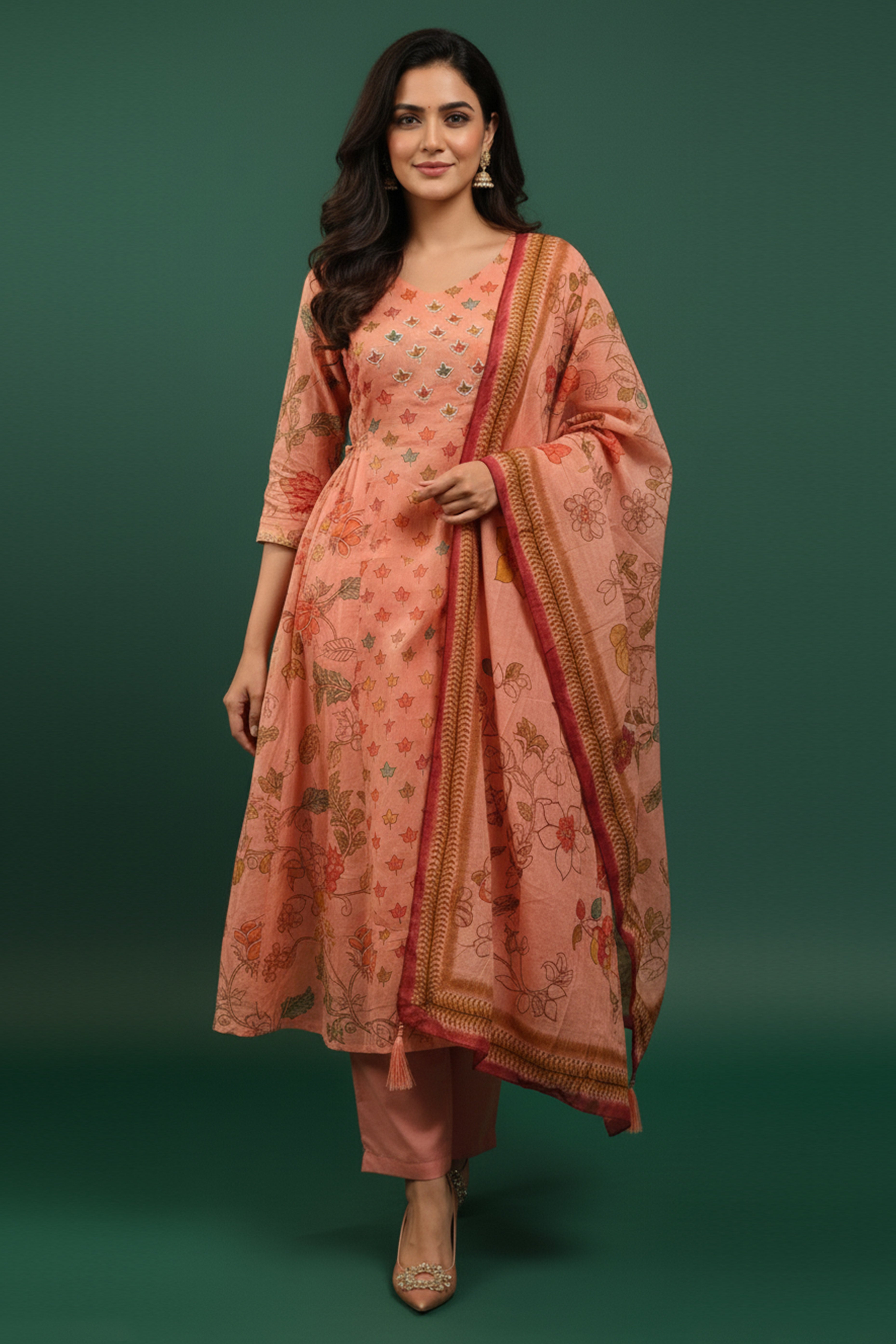 Trendy Light Rust A-Line Salwar Suit in Pure Mulmul Cotton with Floral Print