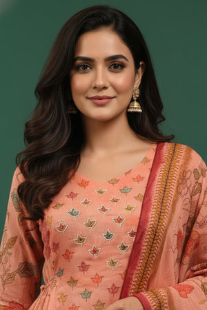 Trendy Light Rust A-Line Salwar Suit in Pure Mulmul Cotton with Floral Print