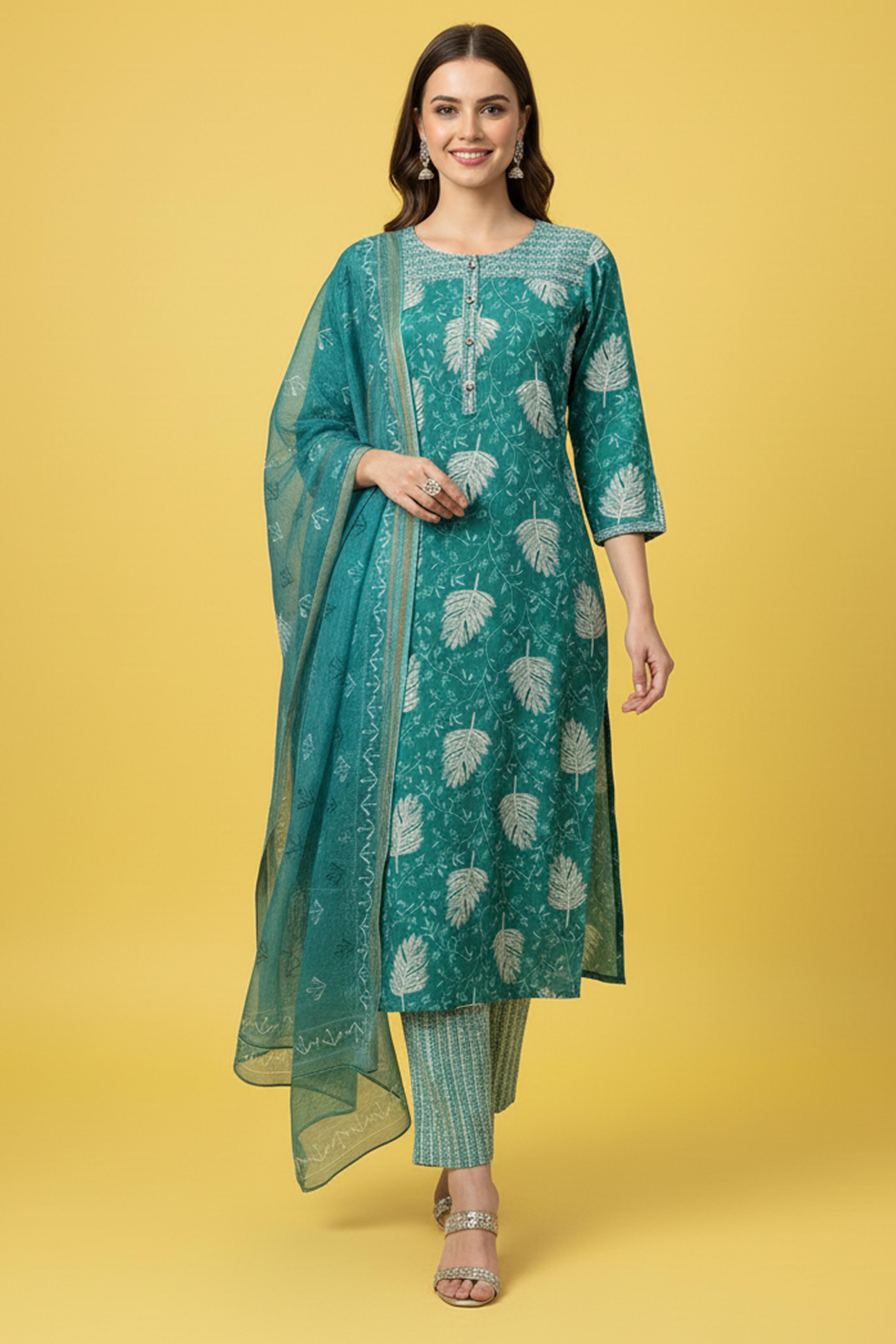 Sky Blue Rayon Straight Suit Set with Subtle Floral Motifs Crafted in Breathable Capsule Rayon