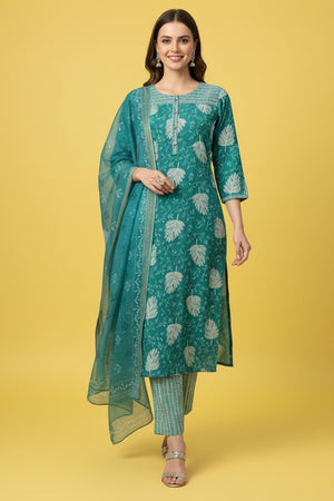 Sky Blue Rayon Straight Suit Set with Subtle Floral Motifs Crafted in Breathable Capsule Rayon