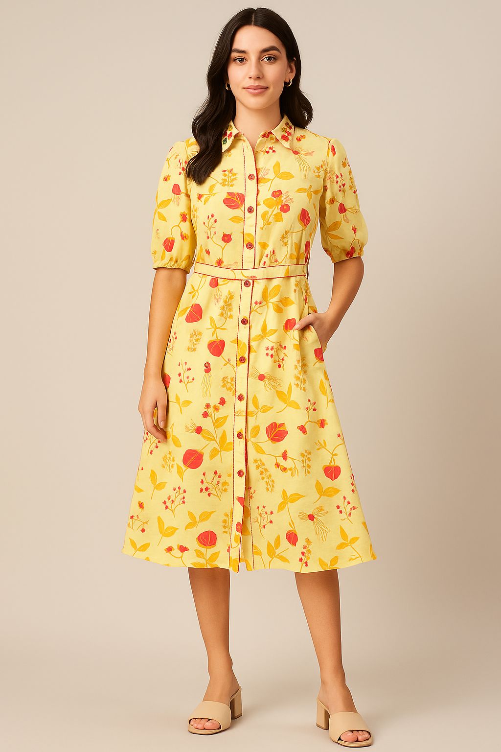 Yellow Floral Printed Dress in Airy Muslin with Flattering A-Line Cut