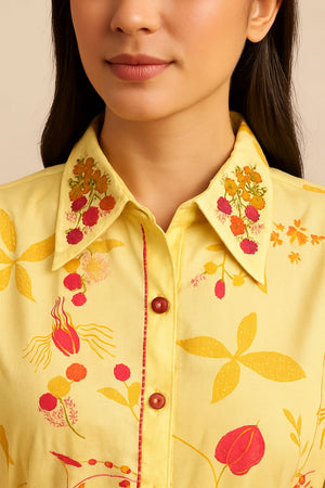Yellow Floral Printed Dress in Airy Muslin with Flattering A-Line Cut