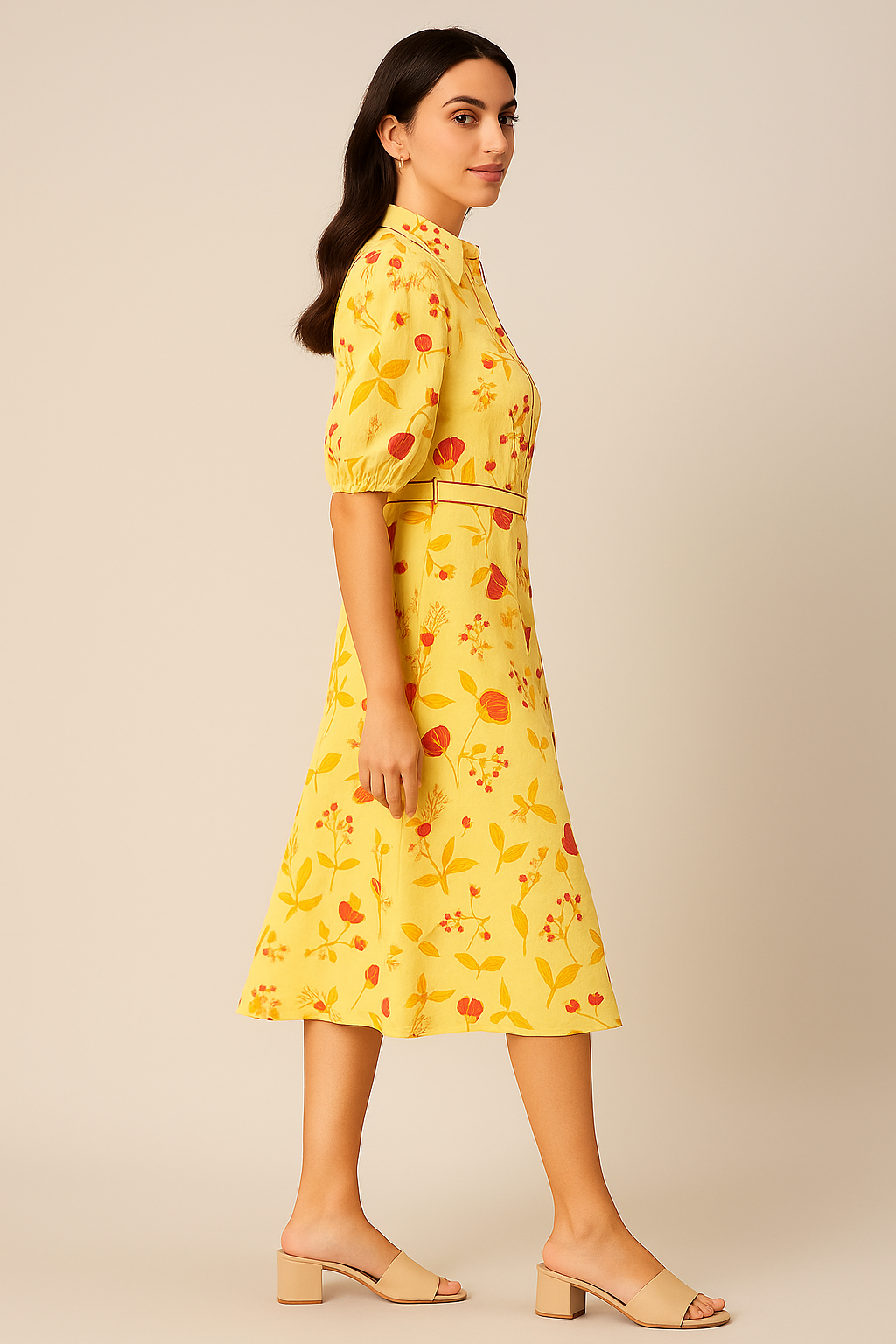 Yellow Floral Printed Dress in Airy Muslin with Flattering A-Line Cut
