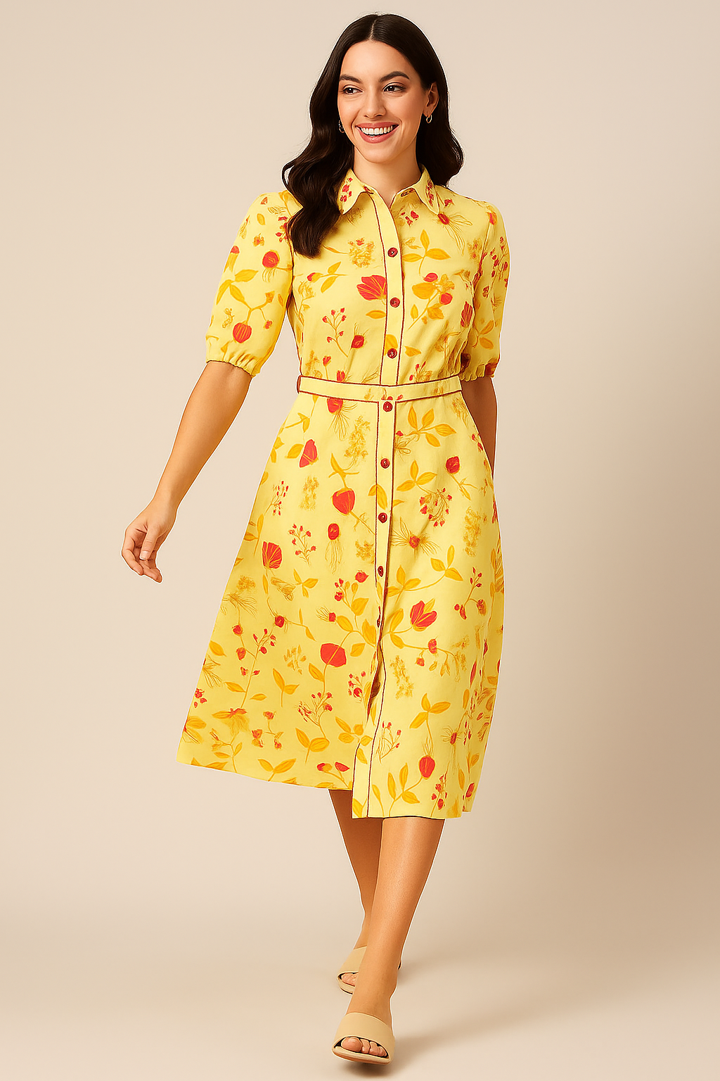 Yellow Floral Printed Dress in Airy Muslin with Flattering A-Line Cut