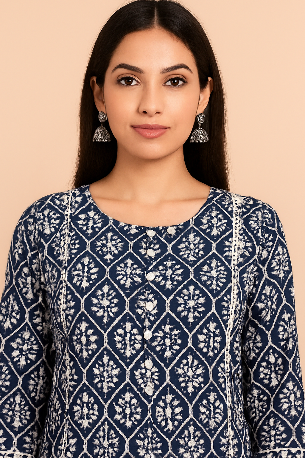 Navy Blue Pure Cotton Co-Ord Set with Ikkat Print A-Line Top