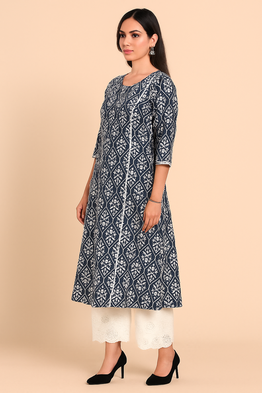 Navy Blue Pure Cotton Co-Ord Set with Ikkat Print A-Line Top