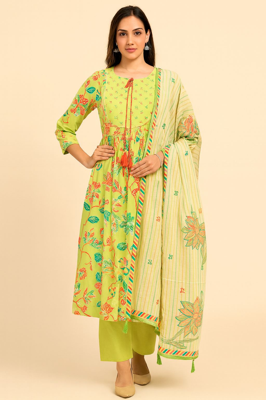 Light Green Pure Mulmul Cotton Salwar Suit with Delicate Floral Prints and Neckline Handwork