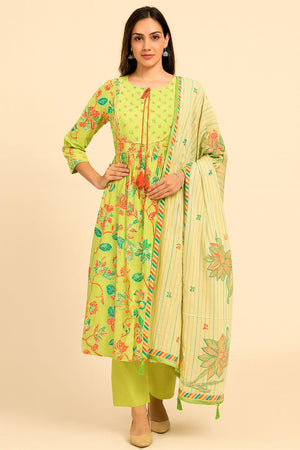 Light Green Pure Mulmul Cotton Salwar Suit with Delicate Floral Prints and Neckline Handwork