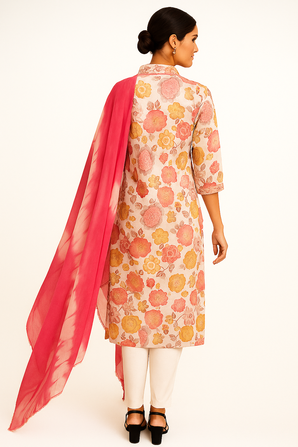 Elegant Peach Pure Cotton Salwar Suit Featuring Floral Print & Sequin Embroidered Neckline