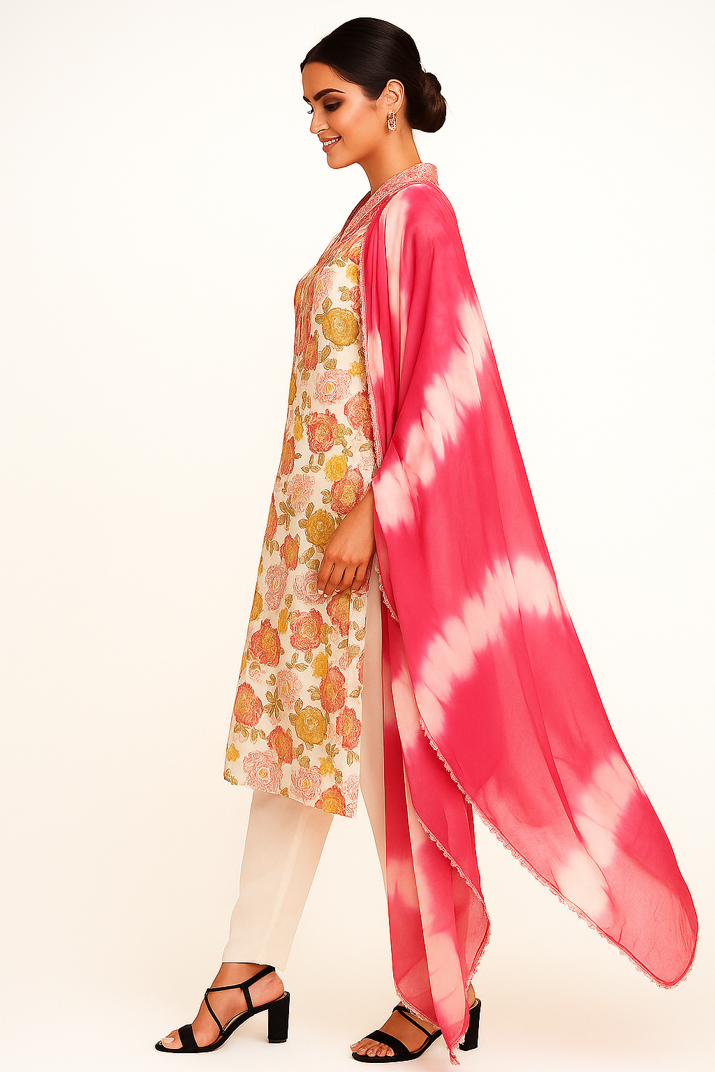 Elegant Peach Pure Cotton Salwar Suit Featuring Floral Print & Sequin Embroidered Neckline