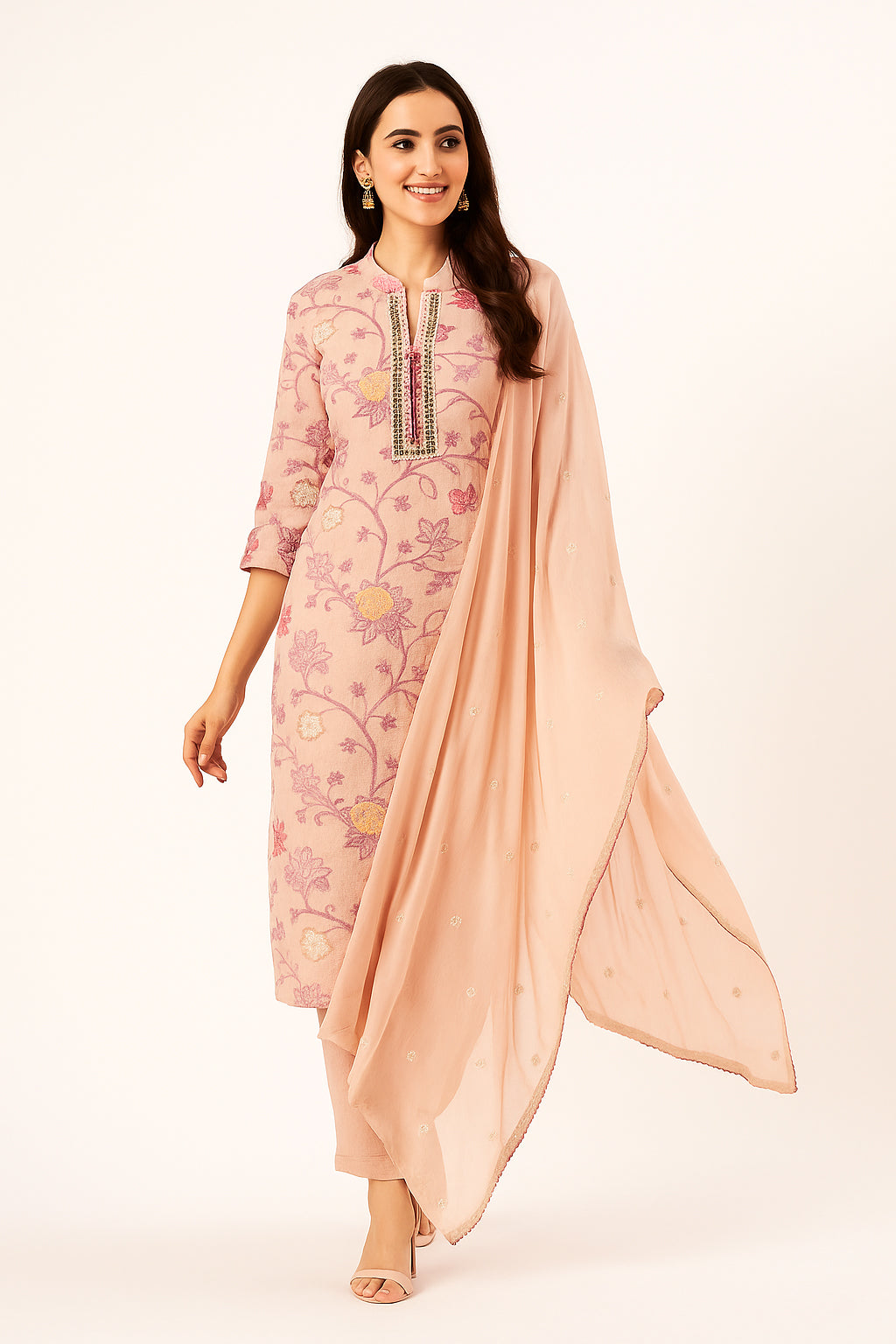 Festive Pink Muslin Straight Suit with Floral Prints & Exquisite Hand Neckwork