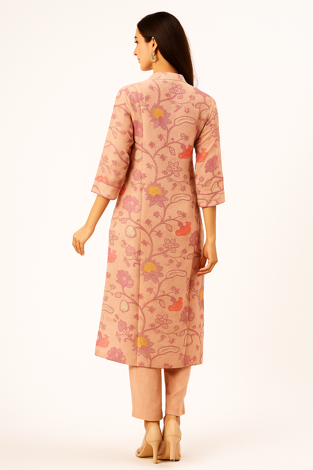 Festive Pink Muslin Straight Suit with Floral Prints & Exquisite Hand Neckwork