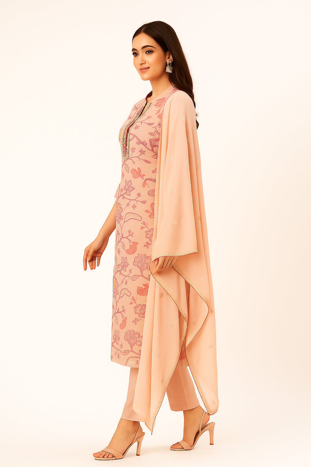 Festive Pink Muslin Straight Suit with Floral Prints & Exquisite Hand Neckwork