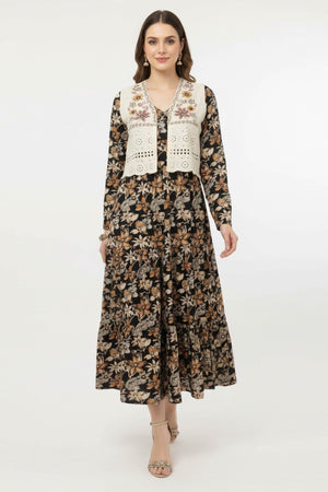 Black Floral Pure Cotton Midi Dress Kurti with Complementing Overlay Jacket