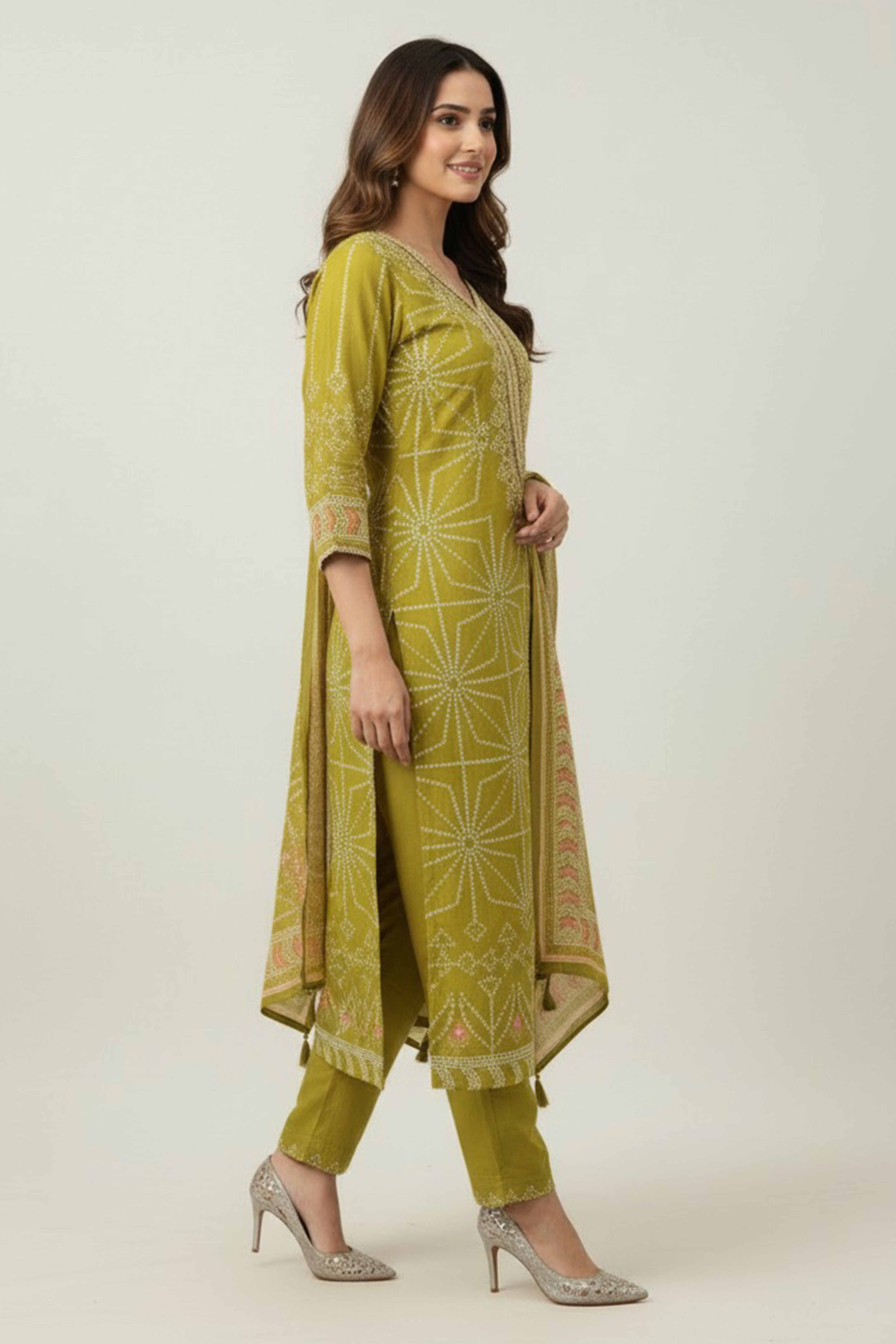 Olive Bandhani Print Pure Muslin Straight Suit with Handcrafted Bead Work