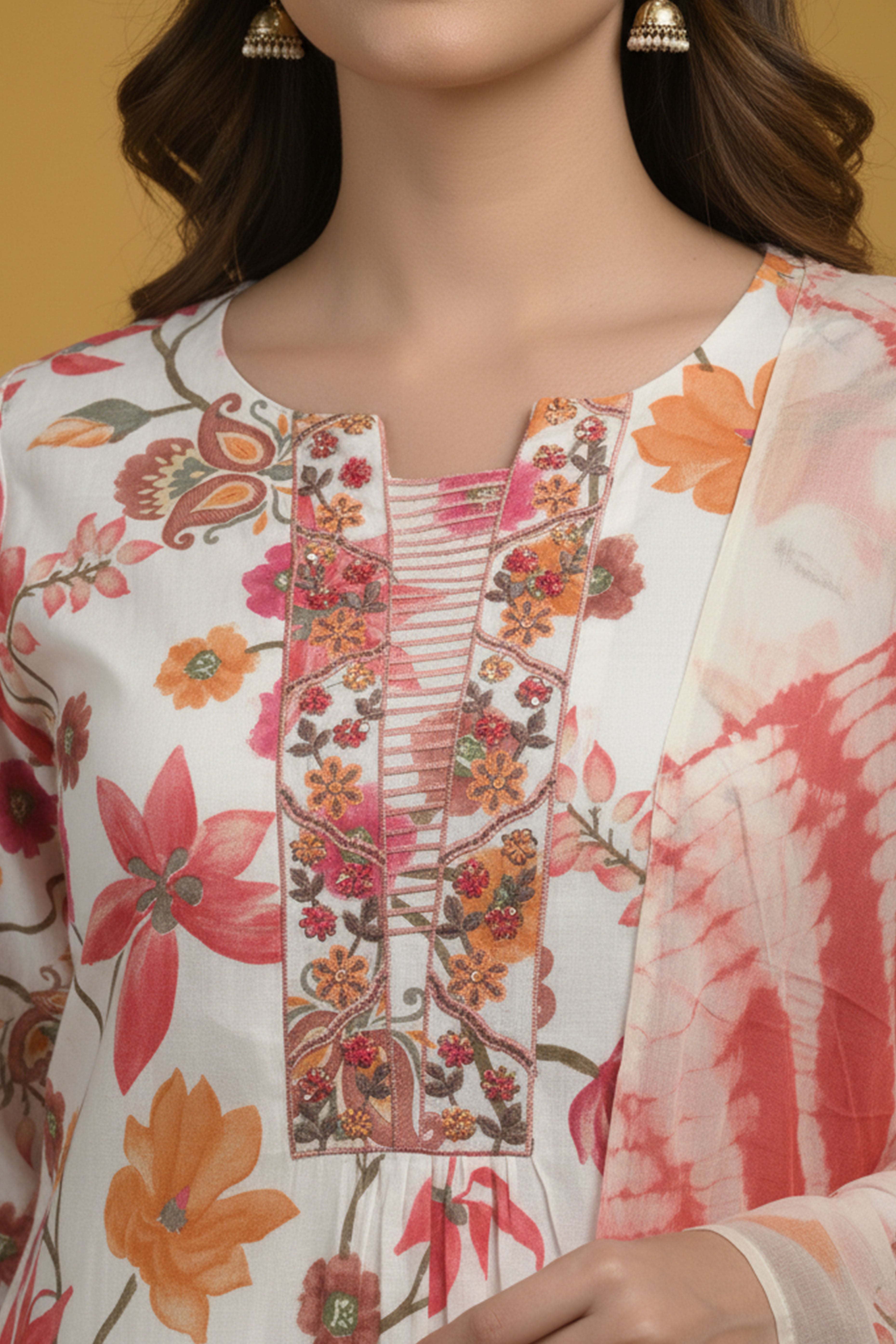 Elegant White Pure Cotton A-Line Salwar Suit With Delicate Floral Prints & Intricate Embroidery