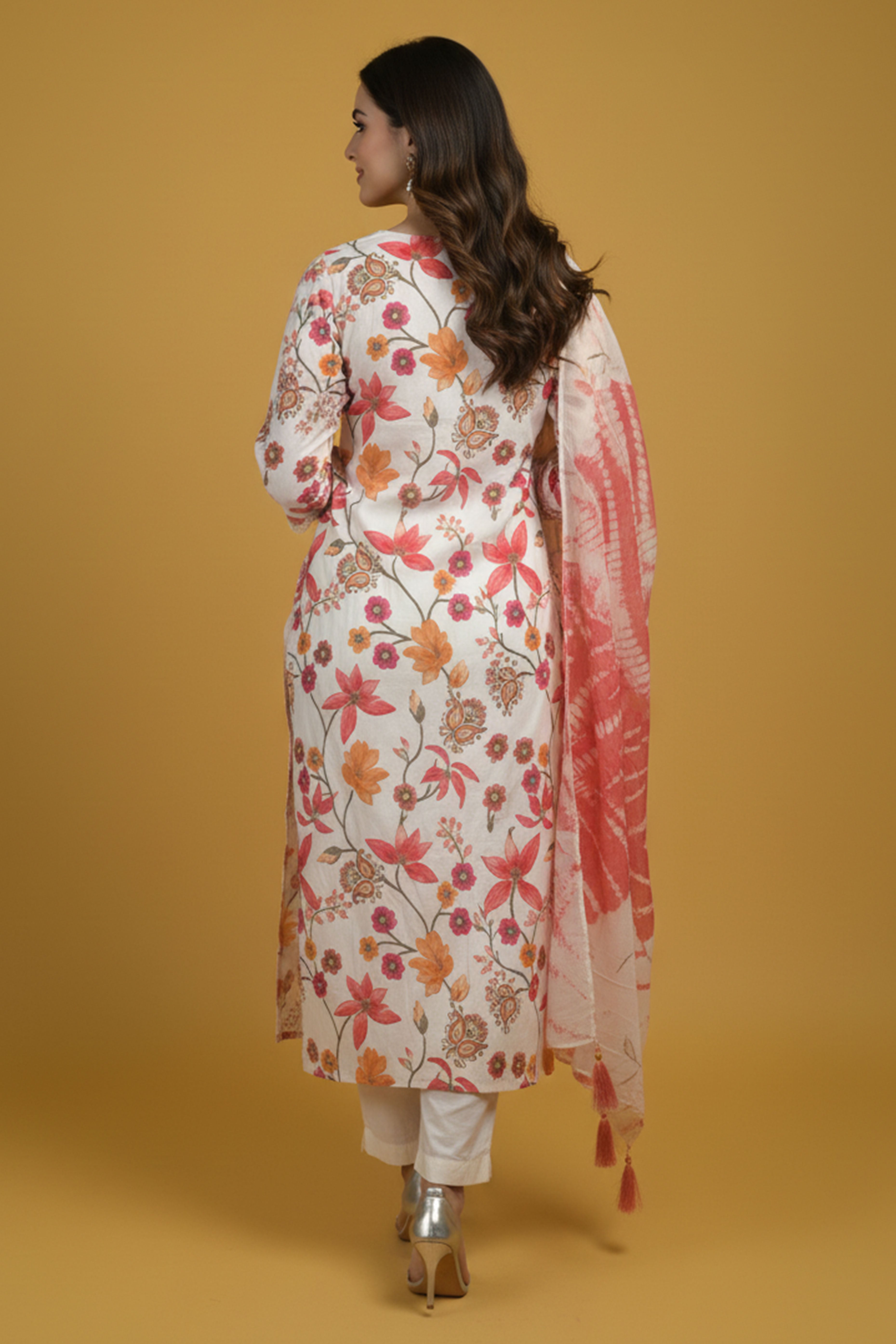 Elegant White Pure Cotton A-Line Salwar Suit With Delicate Floral Prints & Intricate Embroidery