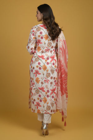 Elegant White Pure Cotton A-Line Salwar Suit With Delicate Floral Prints & Intricate Embroidery