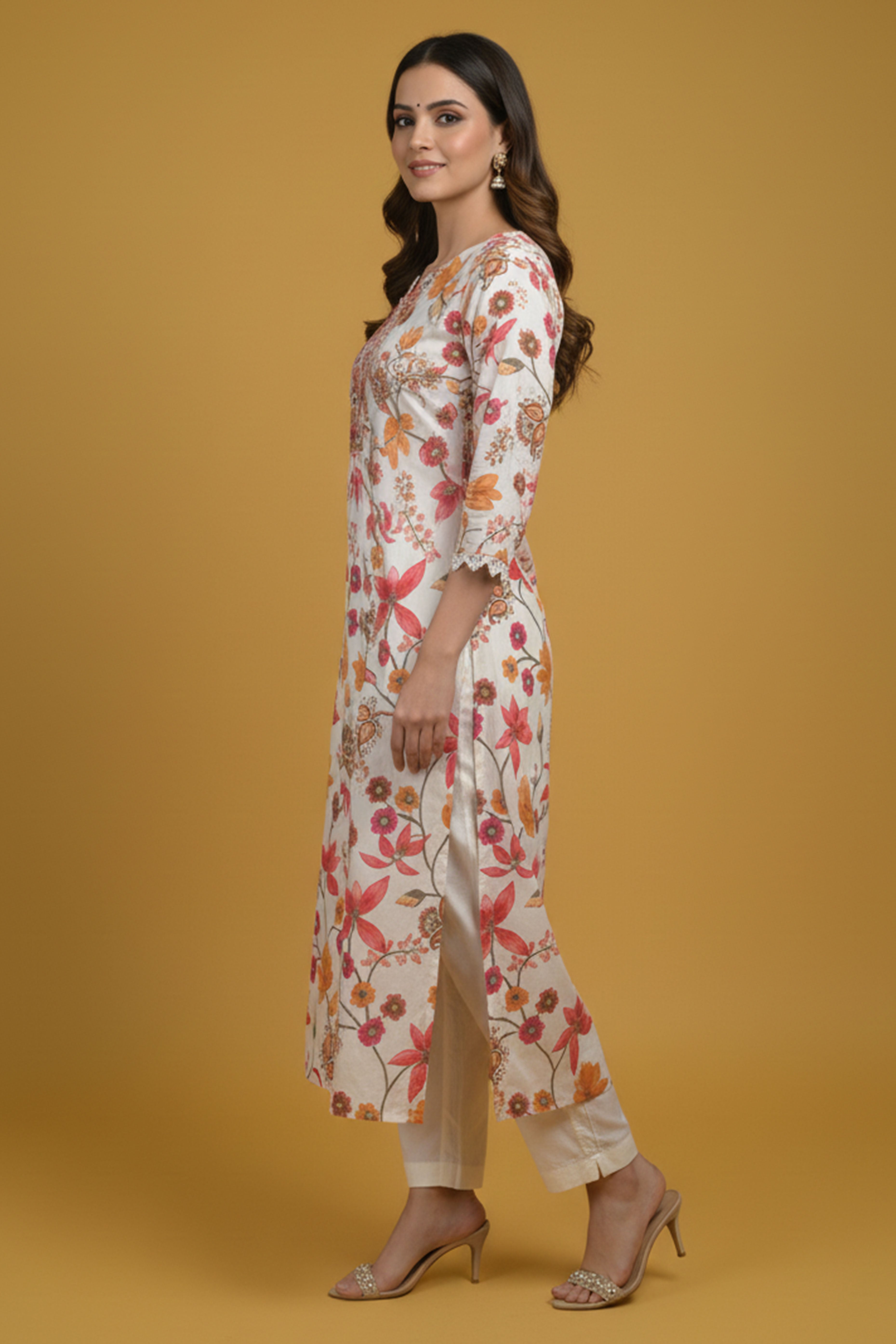 Elegant White Pure Cotton A-Line Salwar Suit With Delicate Floral Prints & Intricate Embroidery