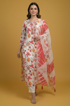 Elegant White Pure Cotton A-Line Salwar Suit With Delicate Floral Prints & Intricate Embroidery