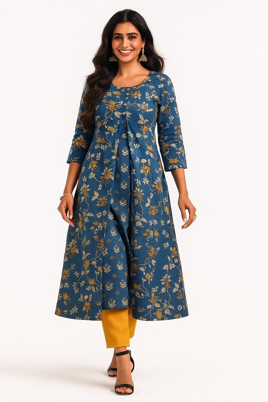 Blue Cotton Top Bottom Set Featuring Floral Prints & Handcrafted Details