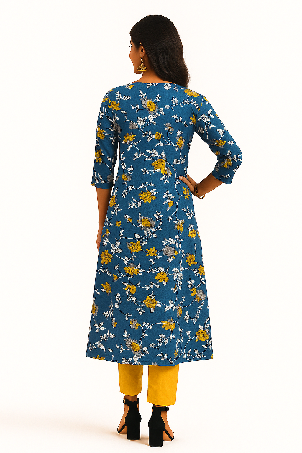 Blue Cotton Top Bottom Set Featuring Floral Prints & Handcrafted Details