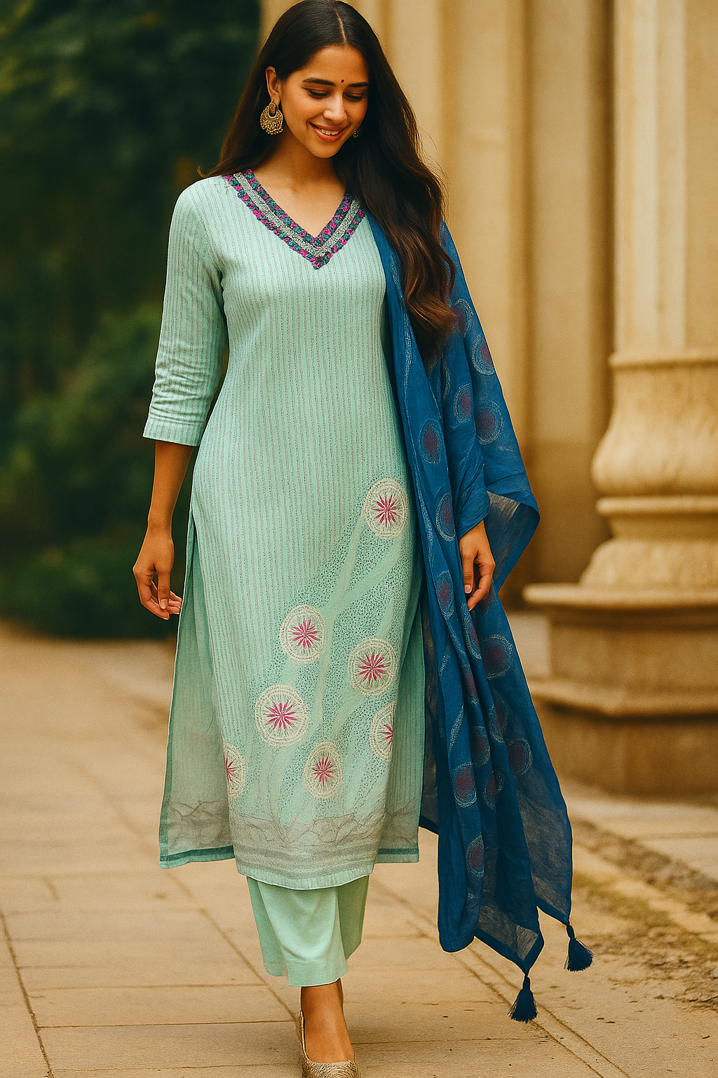 Occasion Wear Light Sea Green Straight Salwar Suit in Muslin with Floral Prints