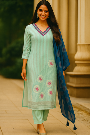 Occasion Wear Light Sea Green Straight Salwar Suit in Muslin with Floral Prints