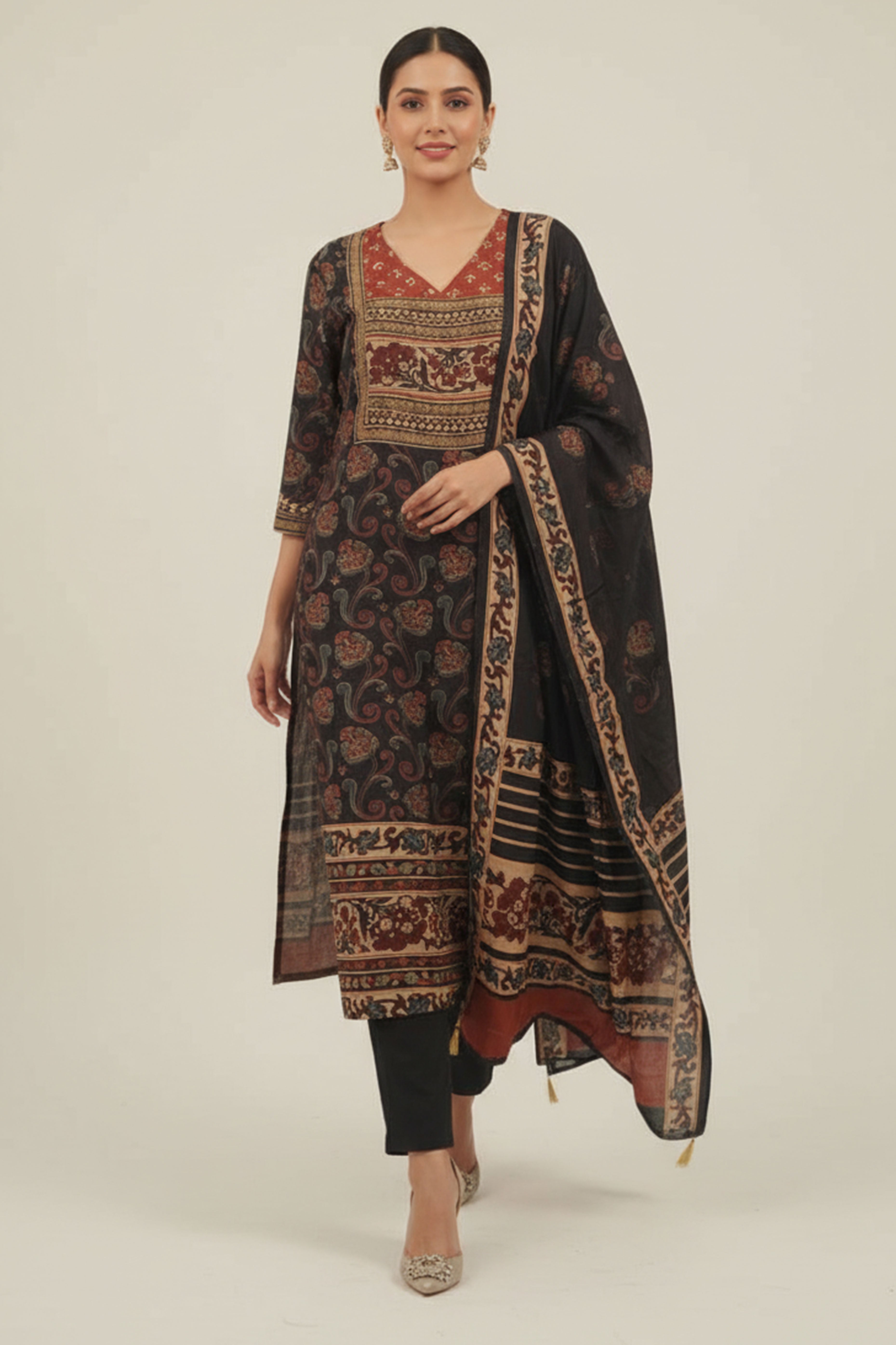 Black Muslin Straight Suit Adorned with Floral Prints & Hand Embroidery