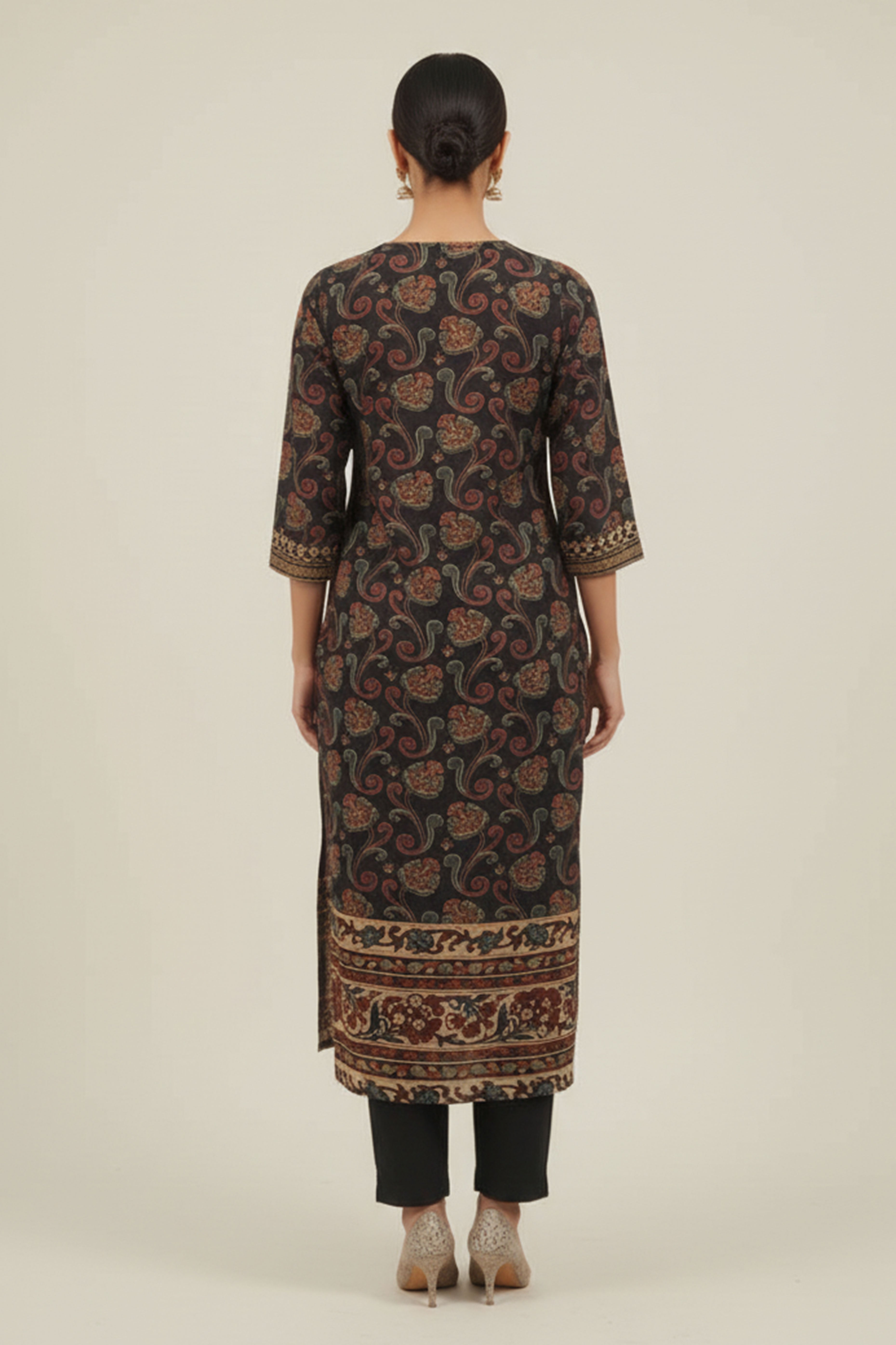 Black Muslin Straight Suit Adorned with Floral Prints & Hand Embroidery