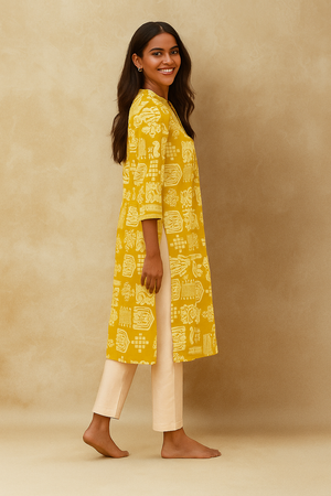 Olive Handblock Printed Pure Cotton A-Line Kurti
