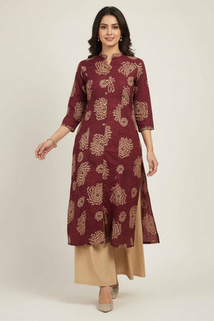 Maroon A-Line Kurti in Rayon with Stylish Foil Floral Pattern