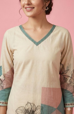 Cream Straight Cut Salwar Suit Crafted in Pure Viscose Linen with Floral Print