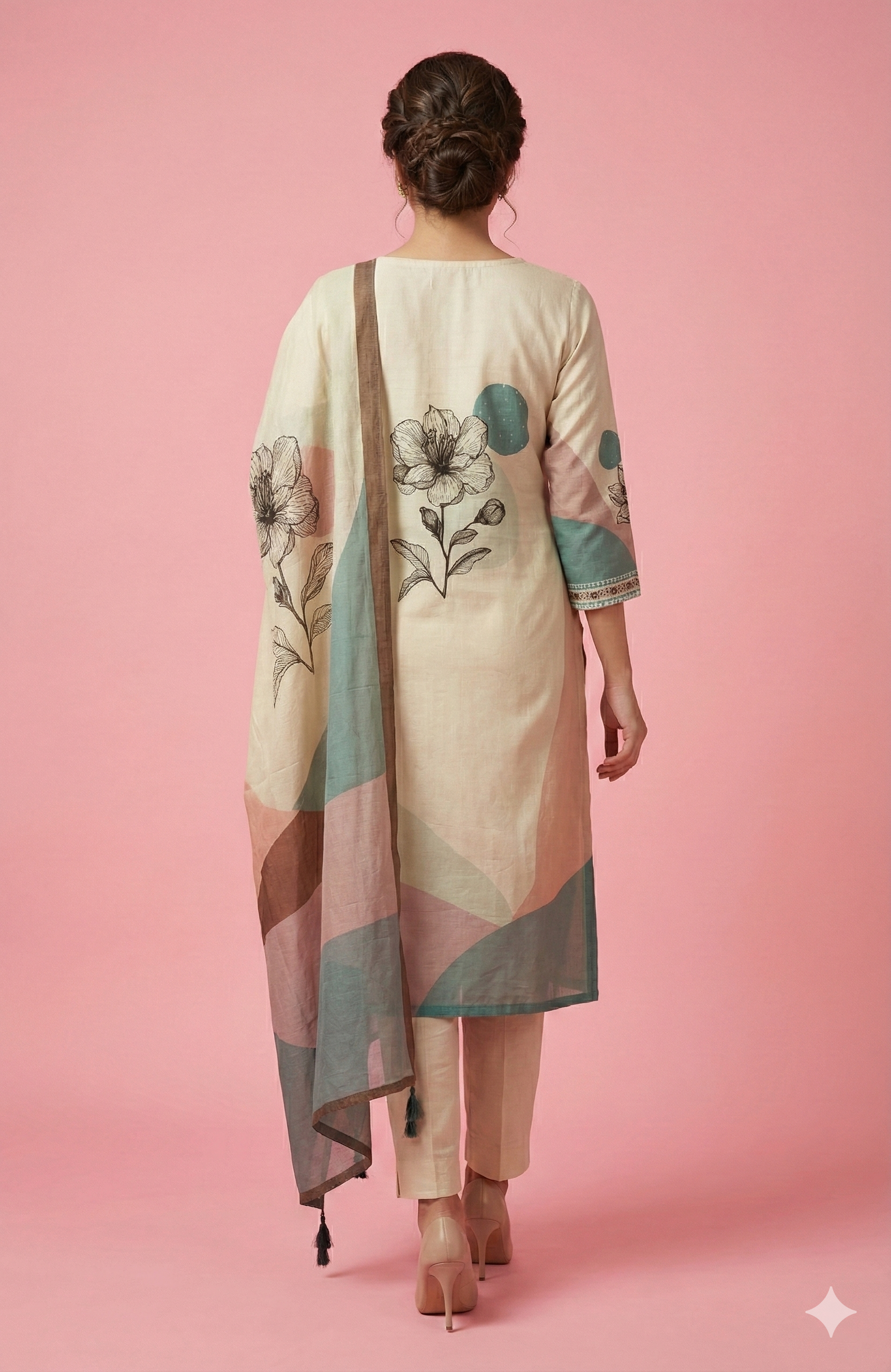 Cream Straight Cut Salwar Suit Crafted in Pure Viscose Linen with Floral Print